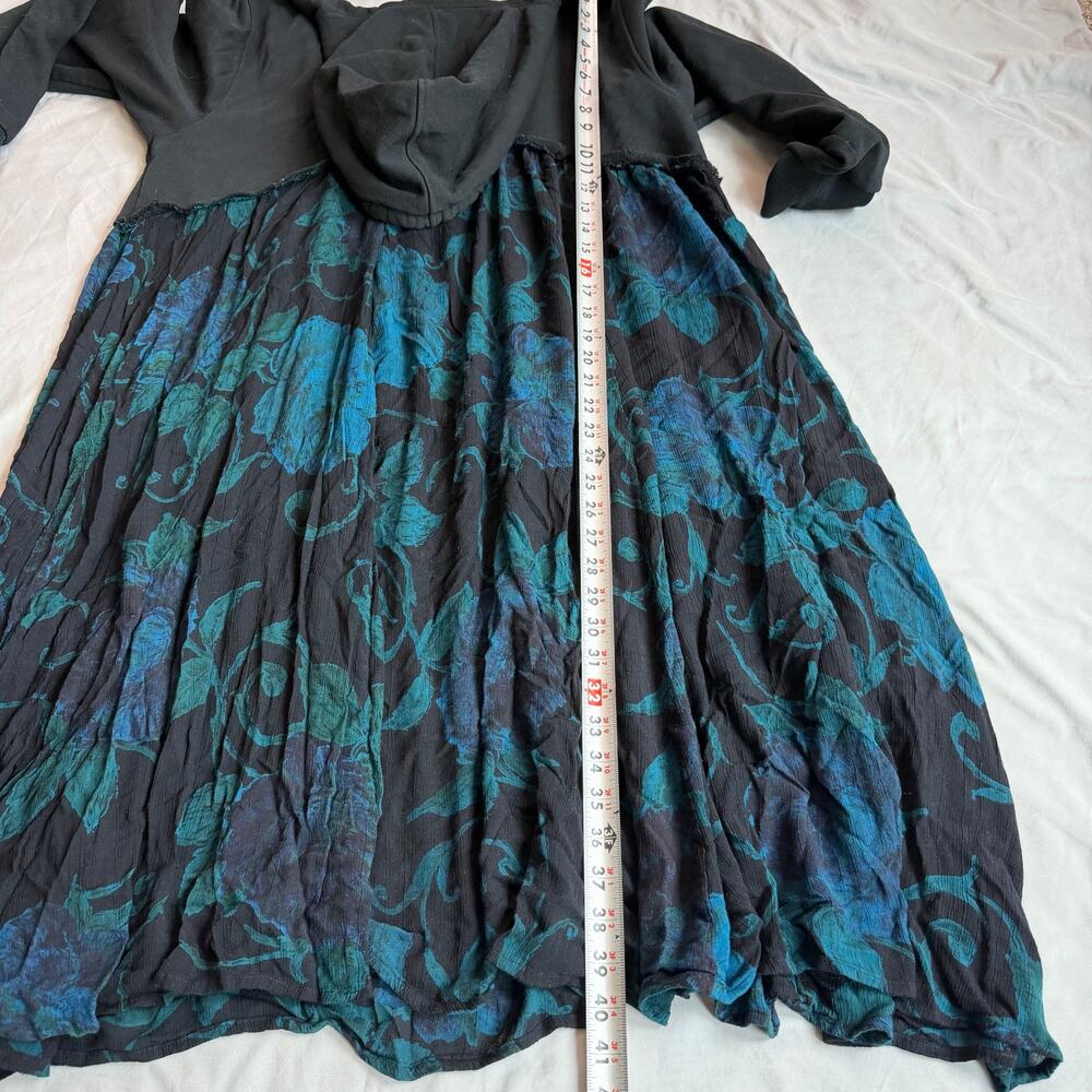 Hooded Floral Midi Dress Women's Est. Med Black Blue Hooded Boho Long Sleeve - Picture 7 of 9